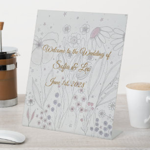 Elegant Dusty Pink Grey Hand Drawn Floral Wedding Pedestal Sign