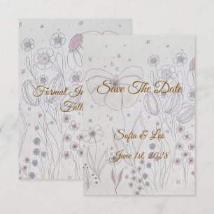 Elegant Dusty Pink Grey Hand Drawn Floral Wedding Save The Date