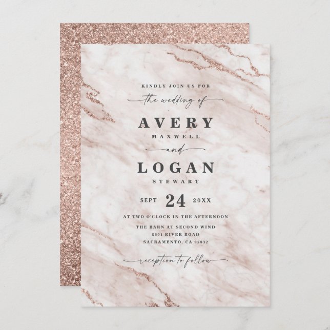 Elegant Dusty Pink Marble & Glitter Wedding Invitation (Front/Back)