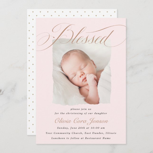 Elegant Dusty Pink Pastel Script Baptism Photo  In Invitation (Front/Back)