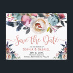 Elegant Dusty Pink Peach Blue Floral Save the Date Announcement Postcard<br><div class="desc">Dusty peach pink and dusty blue rose floral Save the Date Wedding Postcard. Modern, elegant, dusty peach pink and dusty blue rose floral arrangement with feathers watercolor floral wedding design on white background. Feature an elegant handwritten typography design with text „Save the Date”. Great choise for romantic weddings. #3343 If...</div>