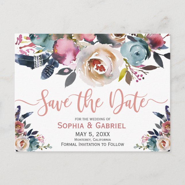 Elegant Dusty Pink Peach Blue Floral Save the Date Announcement Postcard (Front)