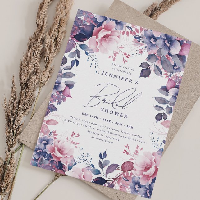 Elegant Dusty Pink Purple Floral Bridal Shower Invitation (Elegant Dusty Pink Purple Floral Bridal Shower Invitation)