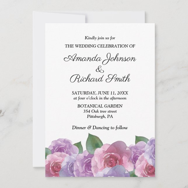 Elegant Dusty Pink Purple Floral Wedding Invitation (Front)