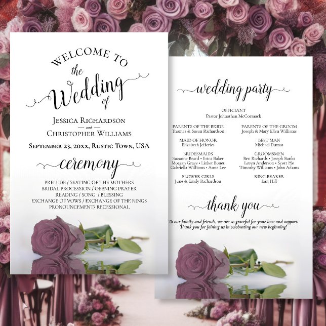 Elegant Dusty Pink Rose Budget Wedding Program (Front/Back)