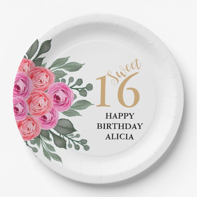 Elegant Dusty Pink Rose Greenery Gold Sweet 16 Paper Plate (Front)