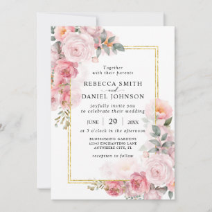 Elegant Dusty Pink Roses and Gold Modern Wedding Invitation