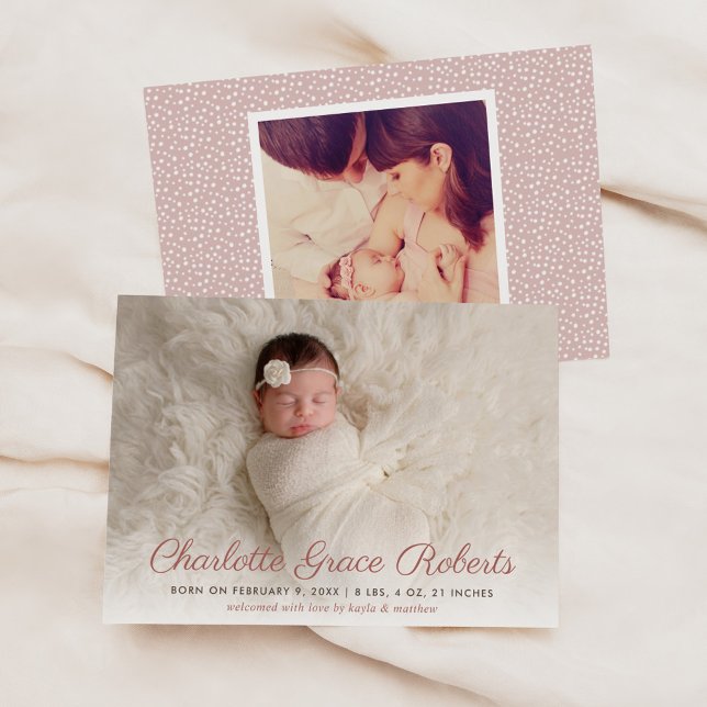 Elegant Dusty Pink Script Baby Girl Photo Birth Announcement (Creator Uploaded)