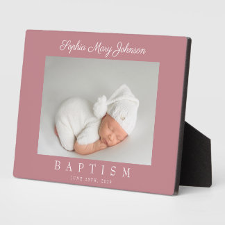 Elegant Dusty Pink Script Girl Baptism Photo Plaque