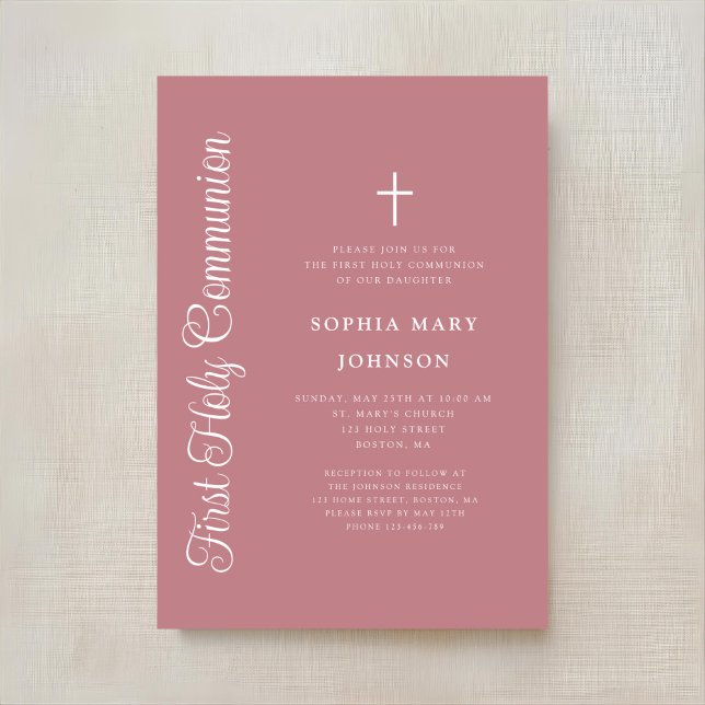 Elegant Dusty Pink Script Girl First Communion Invitation (Creator Uploaded)