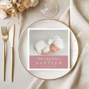 Elegant Dusty Pink Script Photo Baptism Napkin