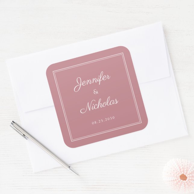 Elegant Dusty Pink Script Wedding Square Sticker (Envelope)