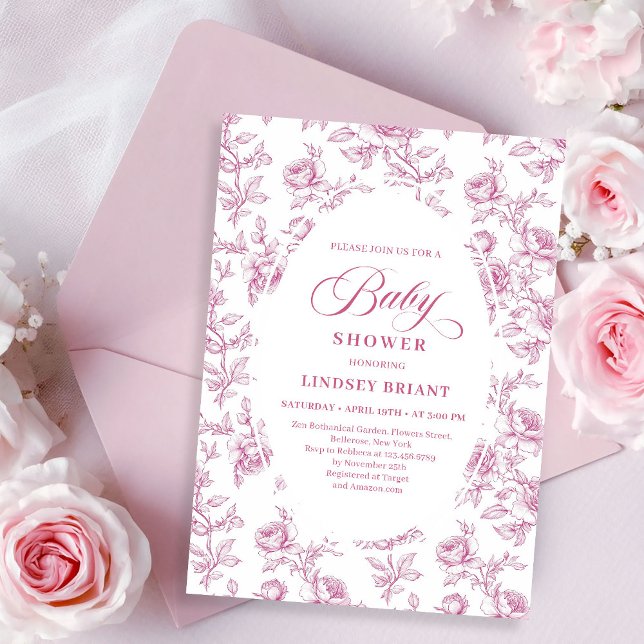 Elegant Dusty Pink Toile Roses Baby Shower Invite (pink French toile de jouy,
Luxurious blush roses baby shower,
dusty pink flowers botanical garden,
R)