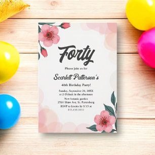 Elegant Dusty Pink Watercolor Floral 40th Birthday Invitation