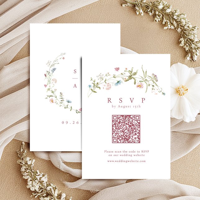 Elegant Dusty Pink Wildflower Rustic Boho QR code  RSVP Card (Elegant Dusty Pink Wildflower Rustic Boho QR code RSVP Card)