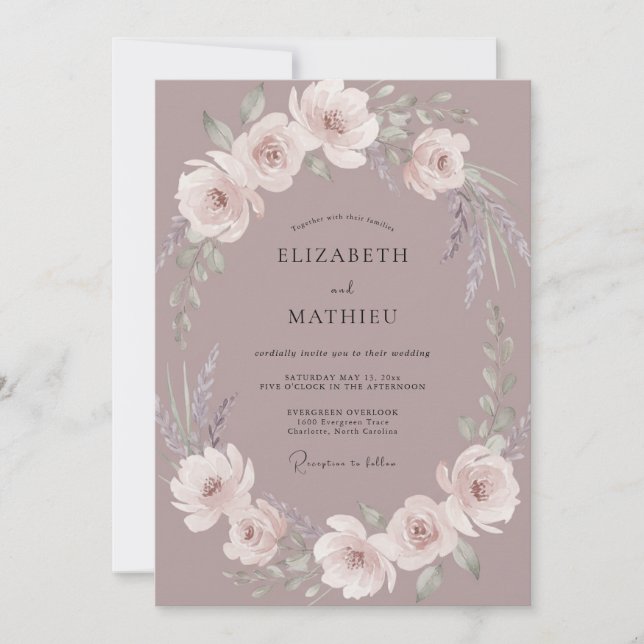 Elegant Dusty Plum Wreath Wedding Invitation (Front)
