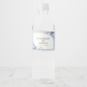 Elegant Dusty Powder Blue and Gold Floral Wedding Water Bottle Label