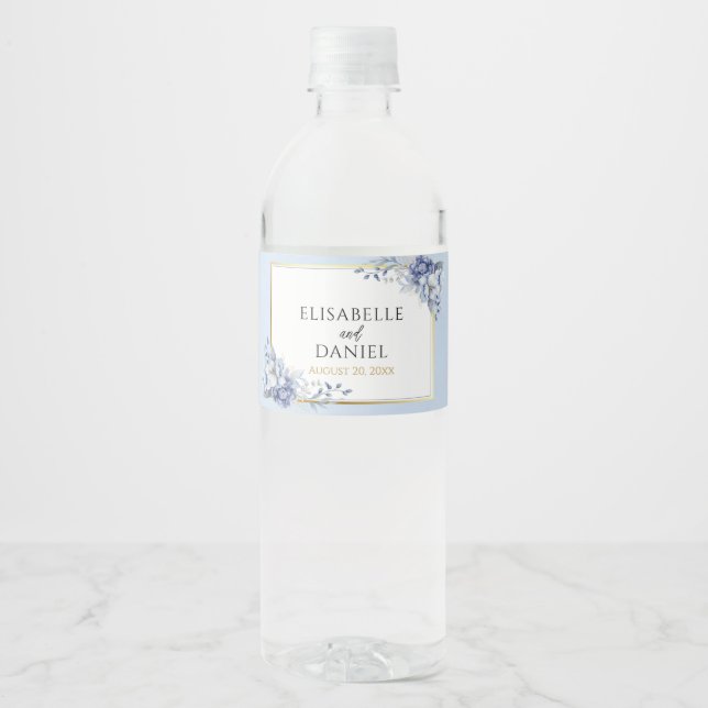 Elegant Dusty Powder Blue and Gold Floral Wedding Water Bottle Label (Front)