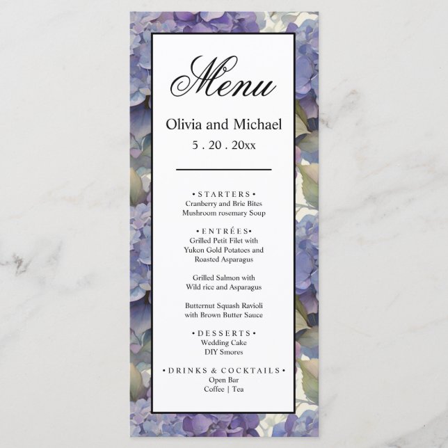 Elegant dusty purple blue watercolor hydrangeas  menu (Front)