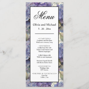 Elegant dusty purple blue watercolor hydrangeas menu