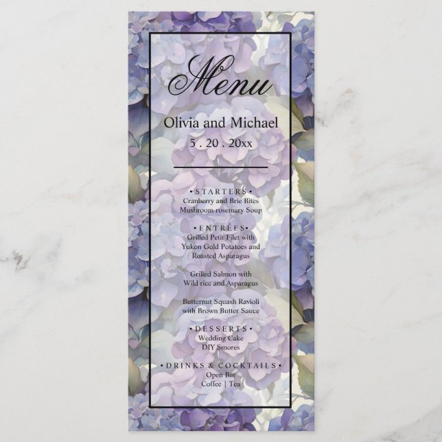 Elegant dusty purple blue watercolor hydrangeas  menu (Front)