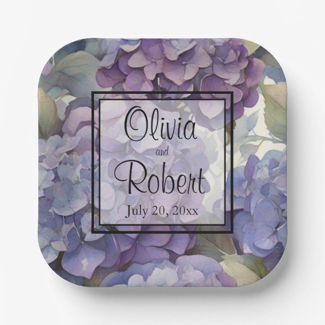 Elegant dusty purple blue watercolor hydrangeas  paper plate (Front)