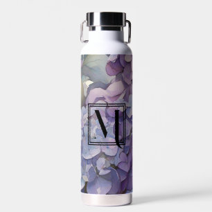 Elegant dusty purple blue watercolor hydrangeas water bottle