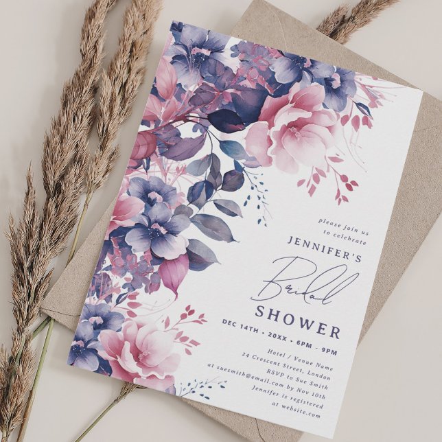 Elegant Dusty Purple Painted Floral Bridal Shower Invitation (Elegant Dusty Purple Painted Floral Bridal Shower Invitation)