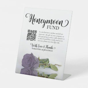 Elegant Dusty Purple Rose Honeymoon Fund QR Code Pedestal Sign