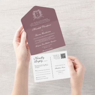 Elegant Dusty Purple Vintage Crest QR Code Photo All In One Invitation