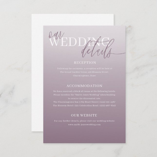 Elegant Dusty Purple Wedding Details  Enclosure Card (Front/Back)