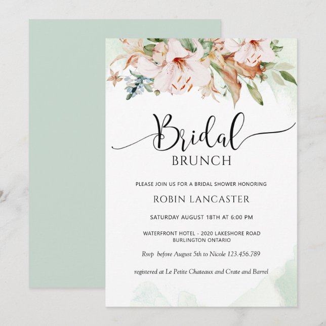  Elegant Dusty Rose and Green Floral Bridal Shower Invitation (Front/Back)