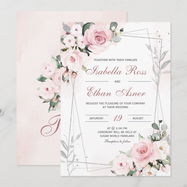 Elegant Dusty Rose and Grey Wedding Invitations (Front/Back)