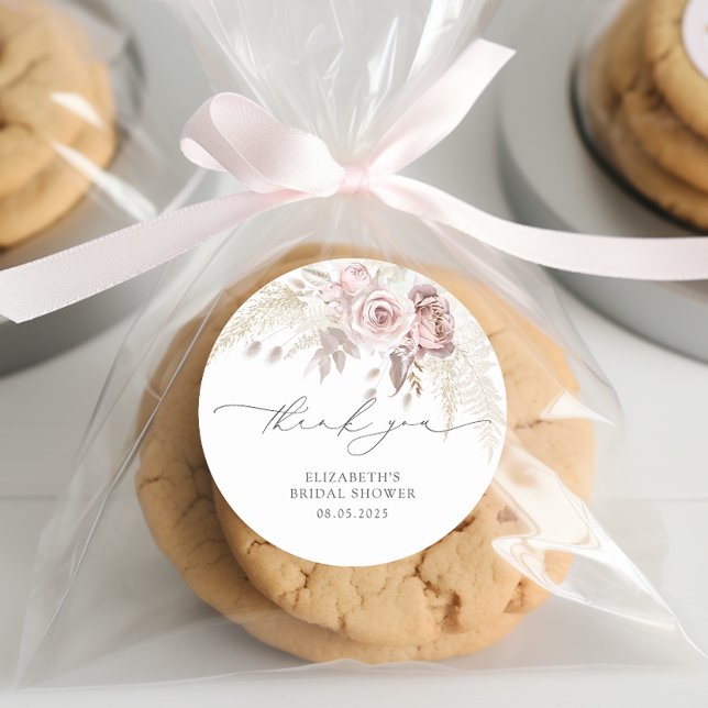 Elegant Dusty Rose Blush Bridal Shower Thank You Classic Round Sticker (Creator Uploaded)