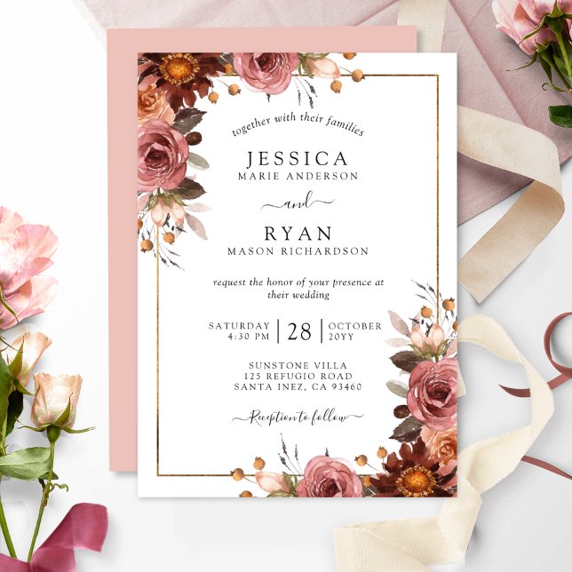Elegant Dusty Rose, Blush, Burgundy Floral Wedding Invitation (Creator Uploaded)