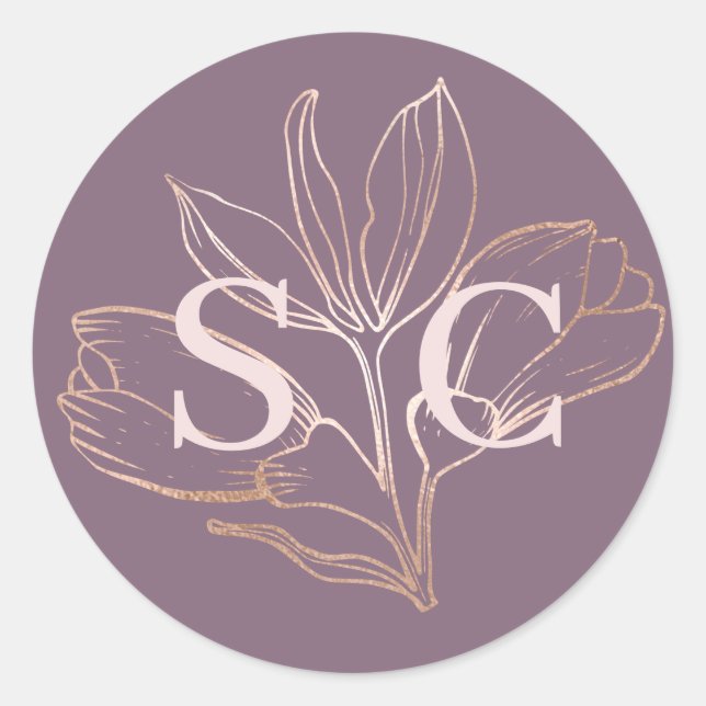 Elegant Dusty Rose Botancial Monogram Wedding Classic Round Sticker (Front)