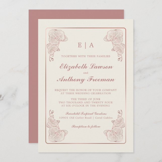 Elegant Dusty Rose Botanical Orchid Sketch Wedding Invitation (Front/Back)
