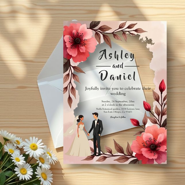 Elegant Dusty Rose Bride And Groom Floral Wedding Acrylic Invitations (Creator Uploaded)