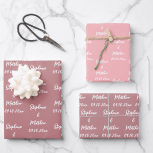Elegant Dusty Rose Bride Groom Names Weddings Wrapping Paper Sheet
