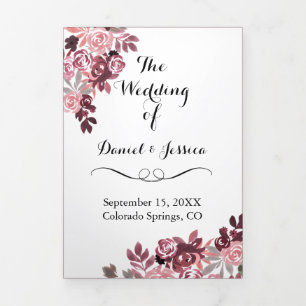 Elegant Dusty Rose Burgundy Floral Wedding Program Tri-Fold Programme
