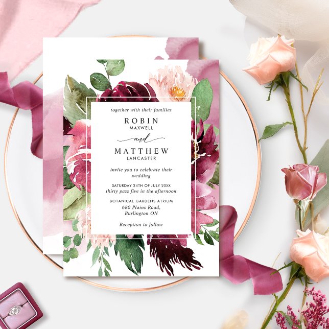 Elegant Dusty Rose, Burgundy Pink Floral Wedding Invitation (Creator Uploaded)