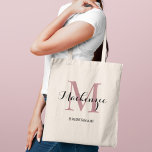 Elegant Dusty Rose Custom Wedding Bridesmaid Name Tote Bag<br><div class="desc">Elegant custom wedding tote bag features a personalised monogram typography design with modern calligraphy script name and serif monogram initial in dusty rose / mauve pink and black colours. Includes custom text for a bridal party title like "BRIDESMAID" or other preferred wording.</div>