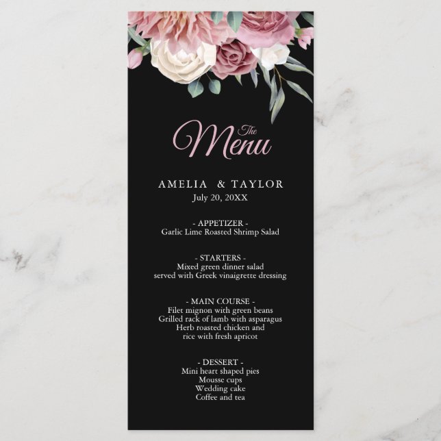 Elegant Dusty Rose Floral black Wedding Menu (Front)