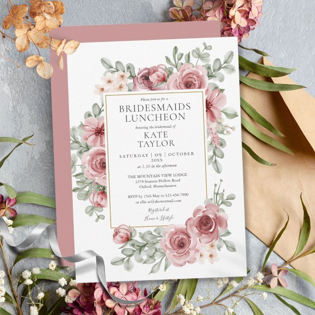 Elegant Dusty Rose Floral Bridesmaids Luncheon Invitation (Elegant Dusty Rose Floral Bridesmaids Luncheon Invitation)