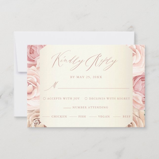 Elegant Dusty Rose Floral Calligraphy Wedding RSVP Card (Front)