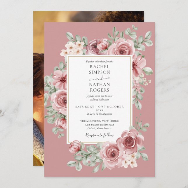 Elegant Dusty Rose Floral Gold Wedding Photo Invitation (Front/Back)