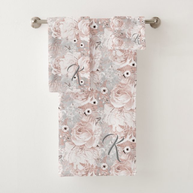 Elegant Dusty Rose Floral Grey Initial Towel Set (Insitu)
