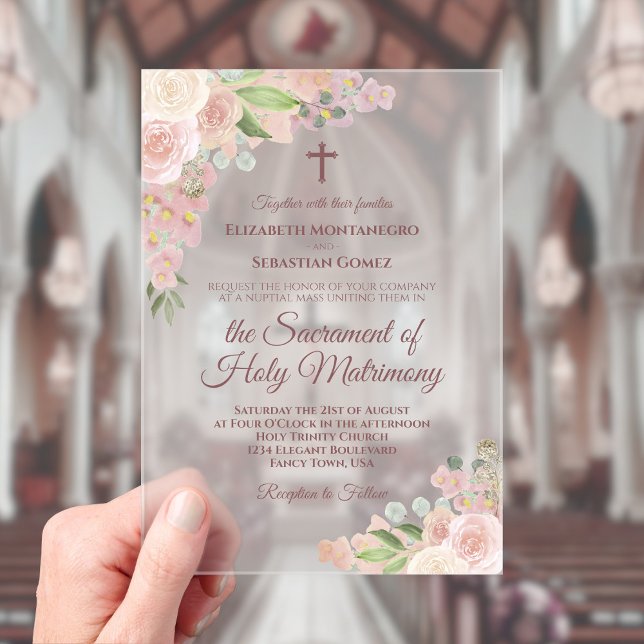 Elegant Dusty Rose Floral Modern Catholic Wedding  Acrylic Invitations (Frosted Acrylic with Rectangle Cut)