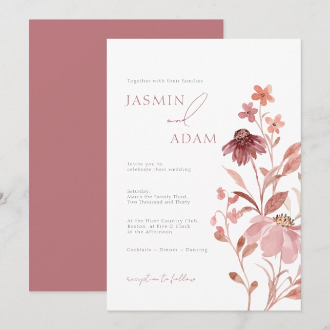 Elegant Dusty Rose Floral Monogram Wedding Invitation (Front/Back)