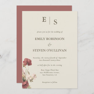 Elegant Dusty Rose Floral Monogrammed Invitation